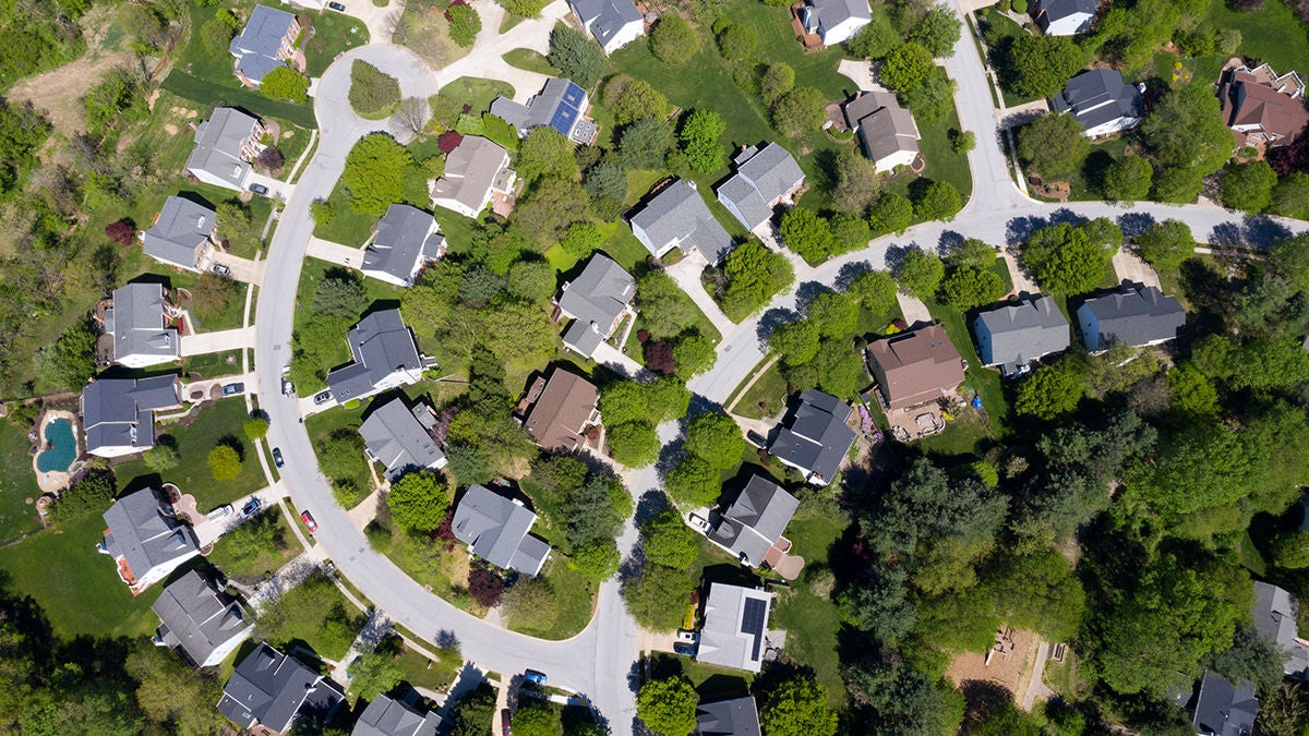 Aerial view of a suburban neighborhood. 